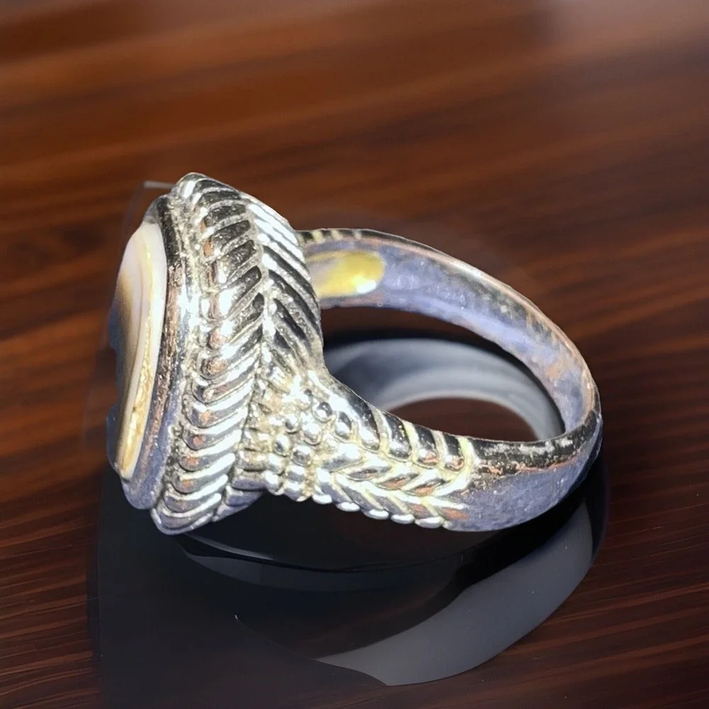 Silver Tone Ring Size 9.5 Smoky‎ Opal Stone With Beaded Rectangular Border